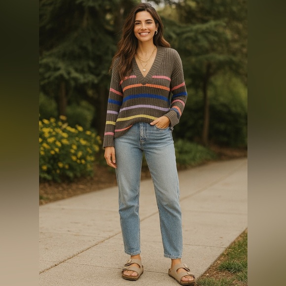 Lisa Todd Neon Stripe V Sweater Size M Gray Pink Cotton Linen Relaxed Maximalist - Picture 1 of 11